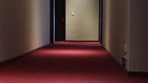 A narrow hallway with a red carpet leading to a closed door. - Zhouzhuang Holiday Hostel (Kunshan)