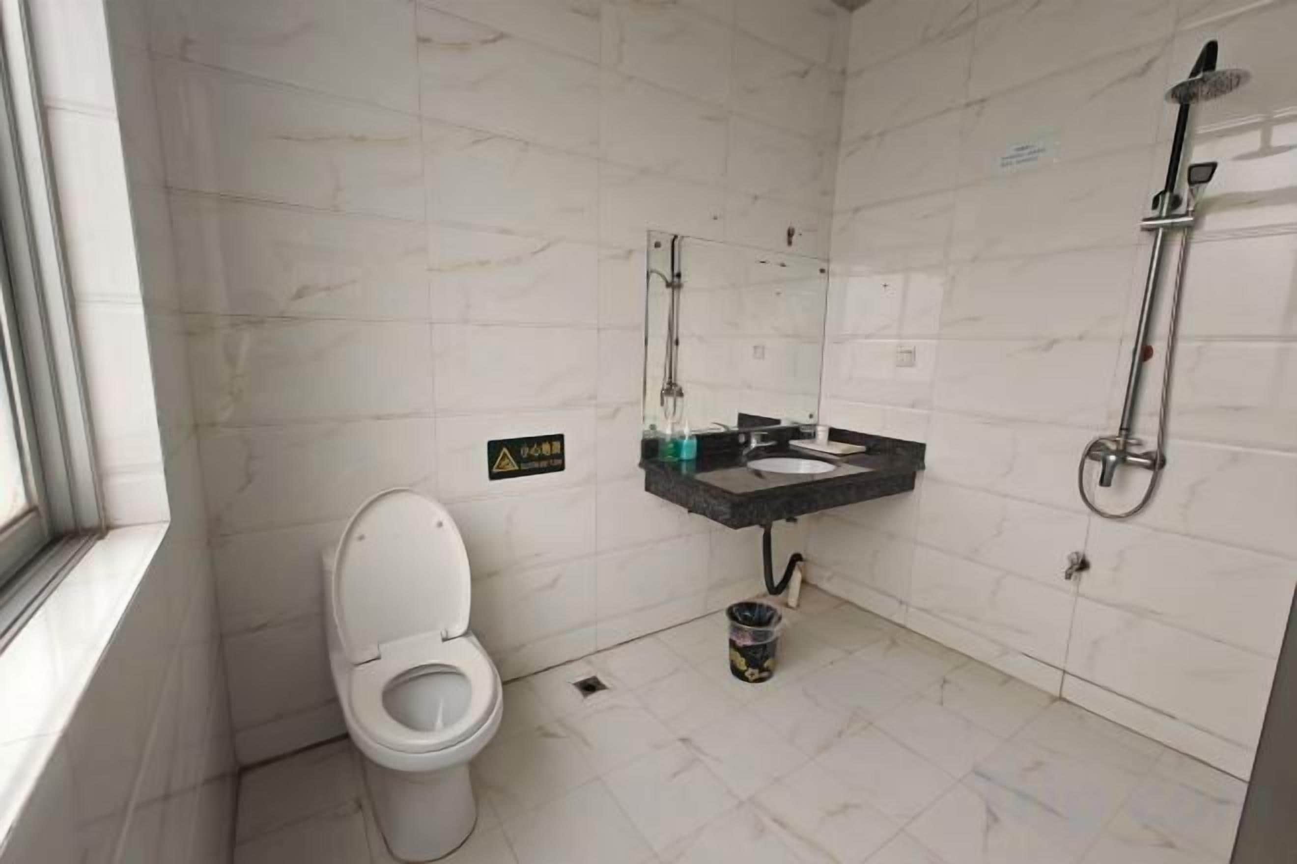 Une salle de bain avec des toilettes, un lavabo et une douche.