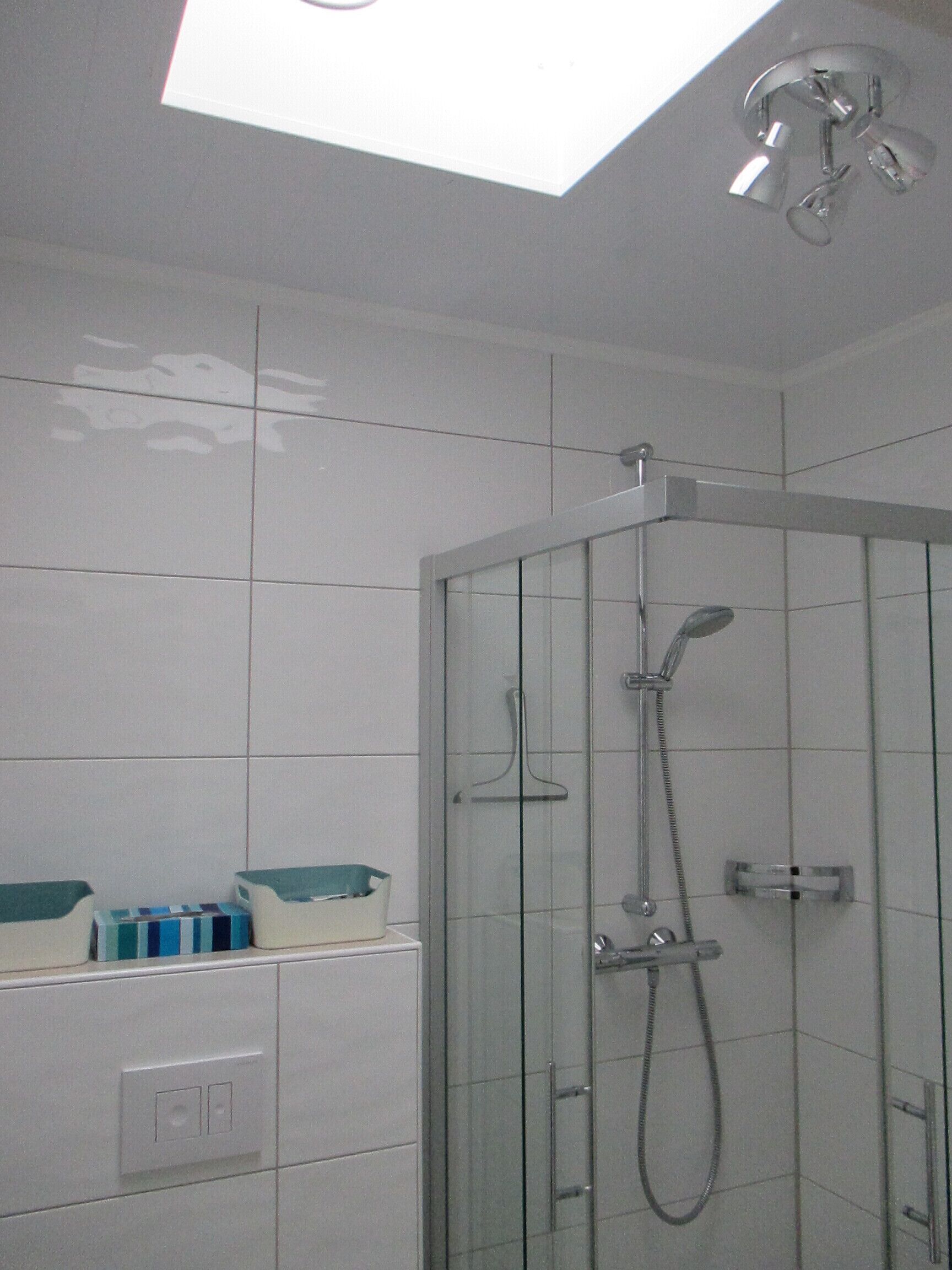A shower with a glass door, a handheld showerhead, and a wall-mounted faucet.