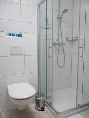 Shower, hair dryer, towels, toilet paper