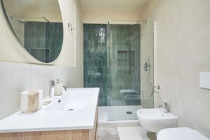 Shower, hair dryer, bidet, towels