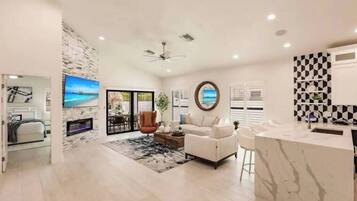 TV, books, stereo, offices