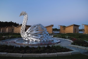 Una gran escultura blanca de un cisne en una fuente circular con un camino empedrado y edificios al fondo.