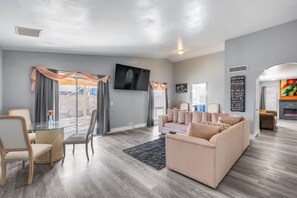 Smart TV, fireplace, video games, foosball