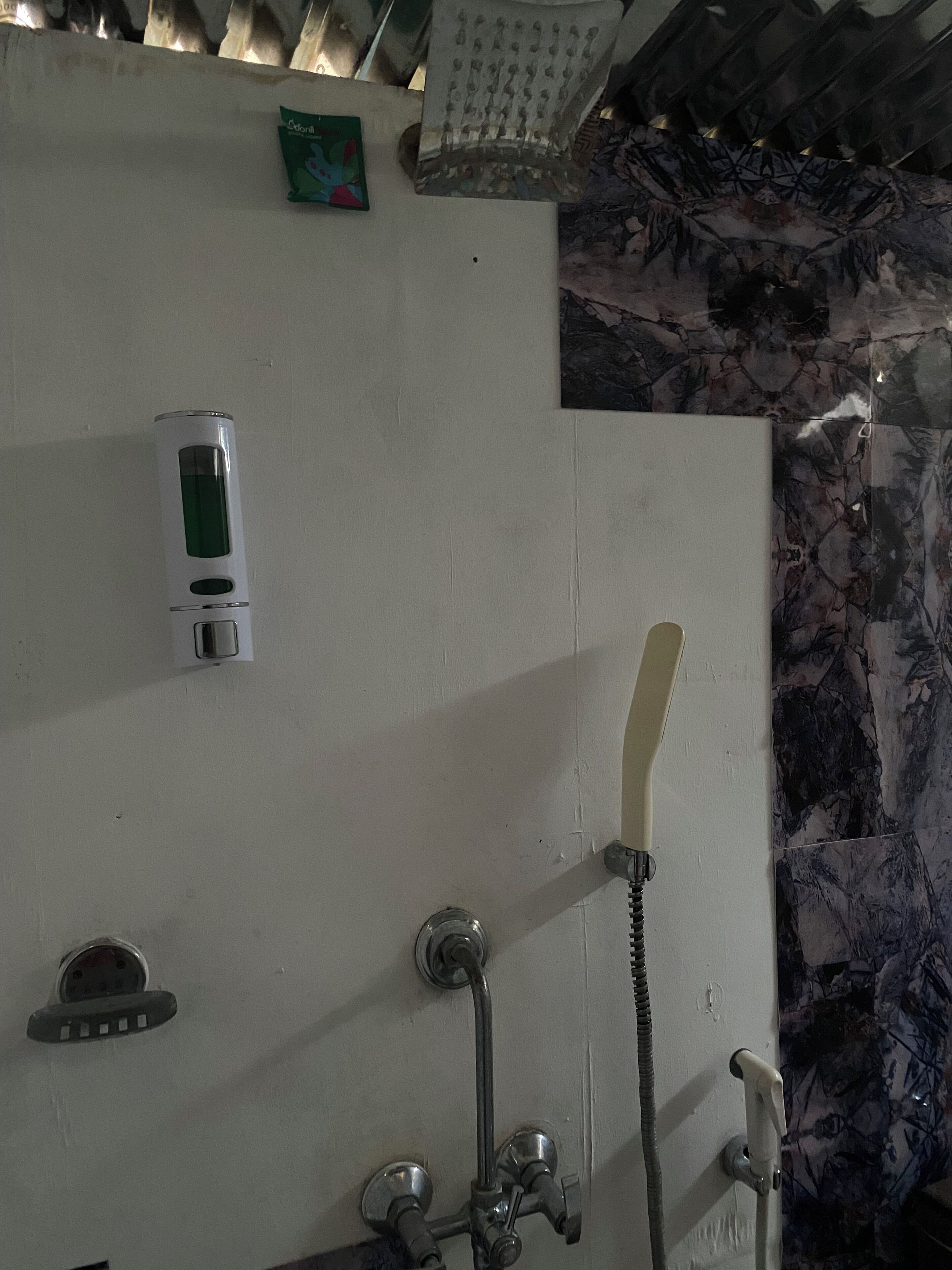 Un baño con ducha, dispensador de jabón y perchero para toallas.