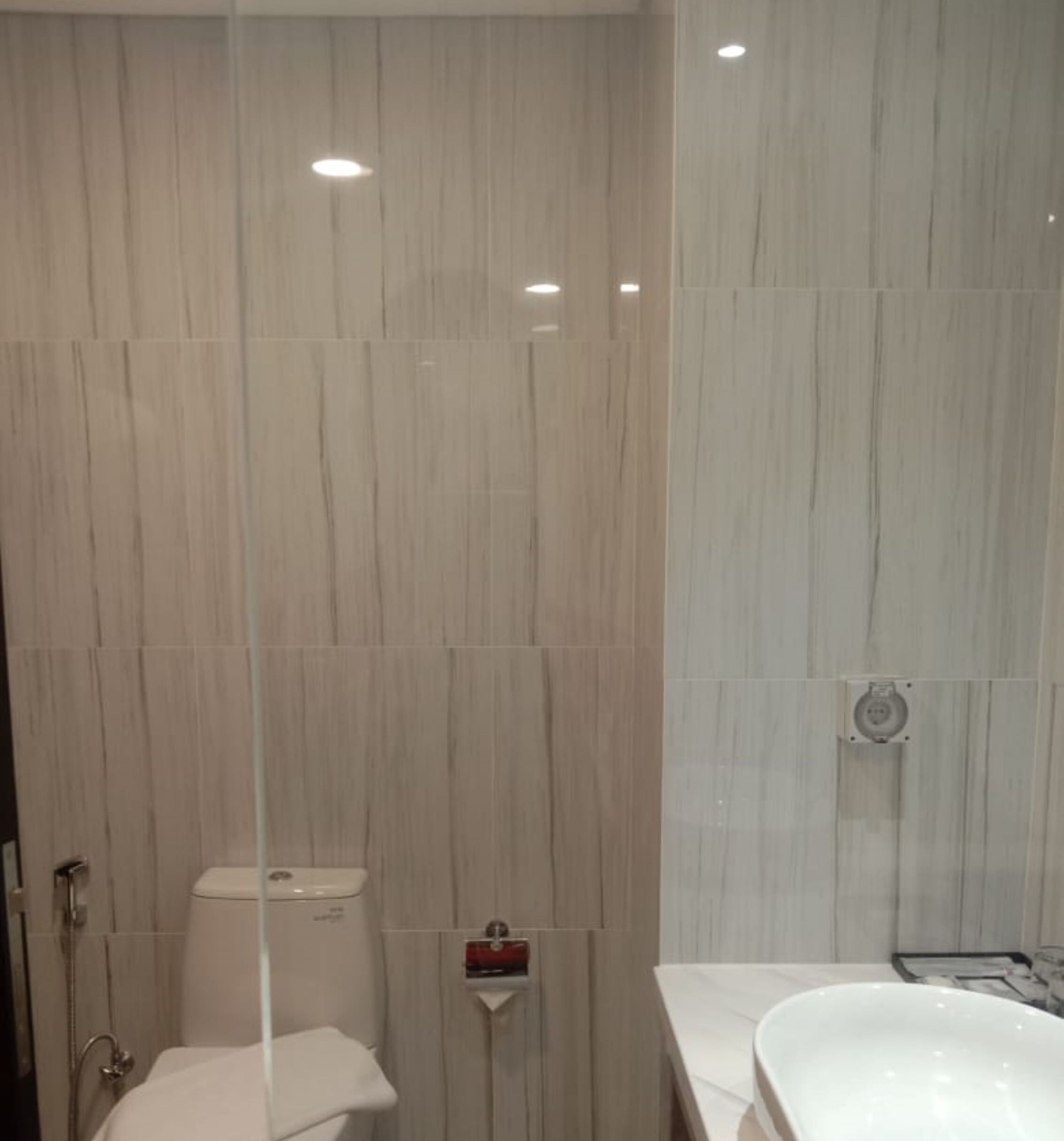 Une salle de bain moderne équipée de toilettes, d’une douche et d’un lavabo.