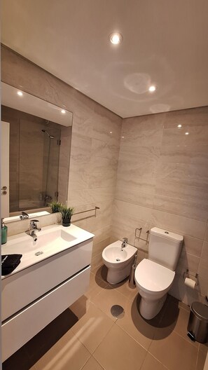 Hair dryer, bidet, towels, soap