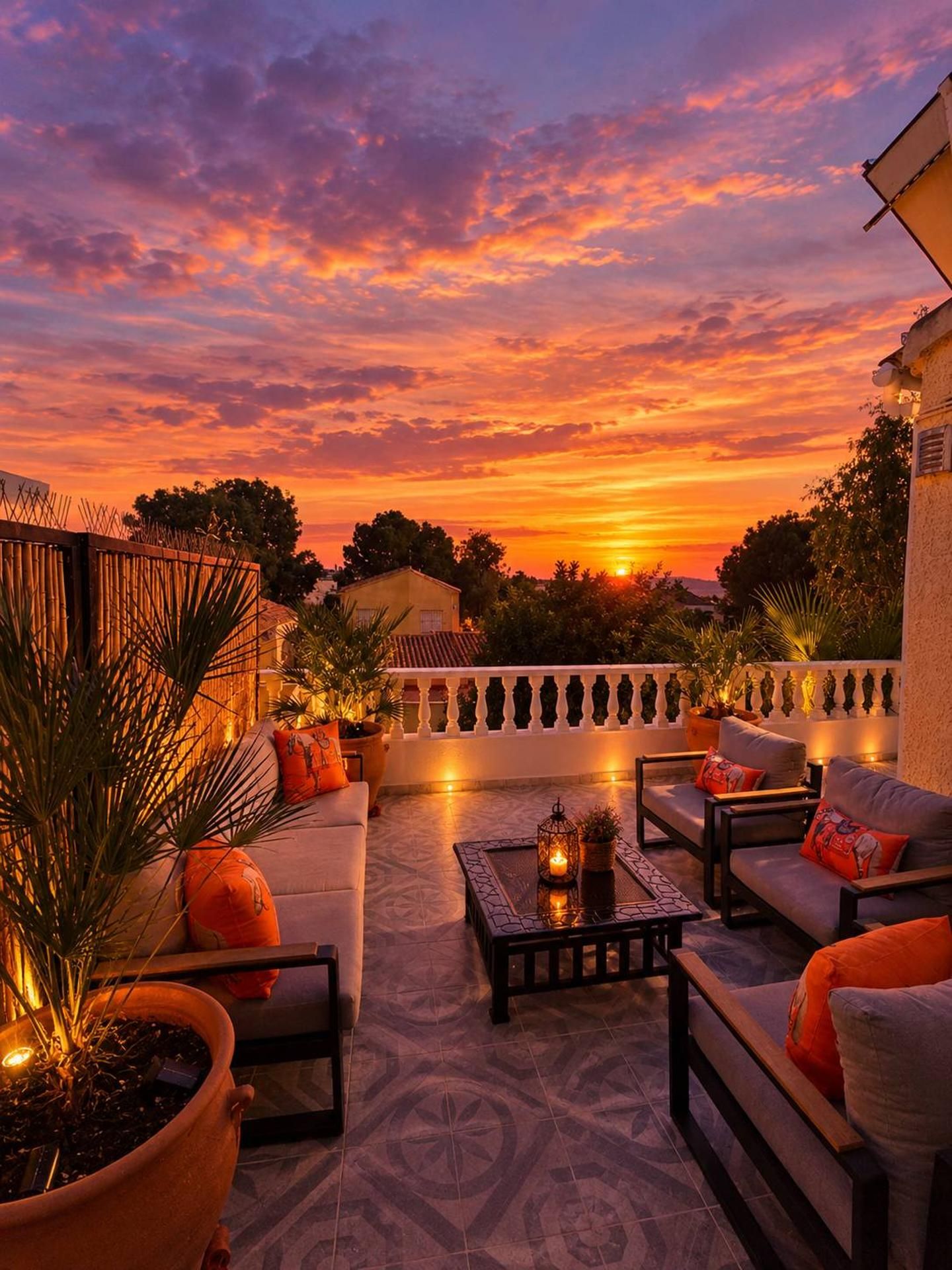 A patio with outdoor furniture, a patterned floor, and a sunset view.