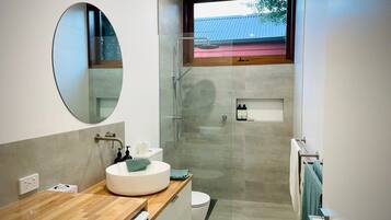 Shower, hair dryer, towels, shampoo