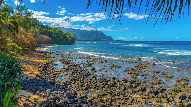 A rocky beach with clear blue waters and a mountainous backdrop.