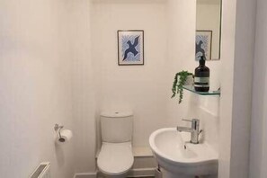 Shower, hair dryer, towels, toilet paper