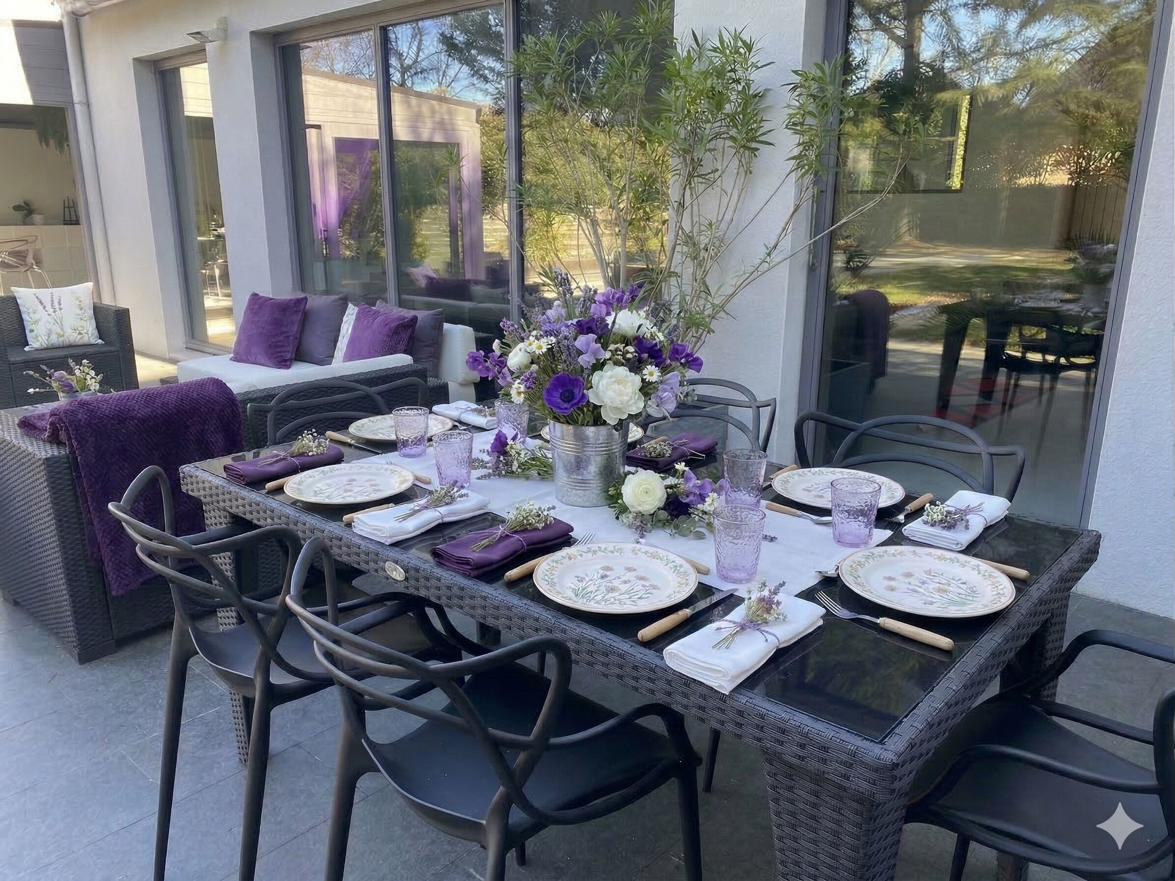 An outdoor dining area with wicker furniture, a glass table, and purple table settings.