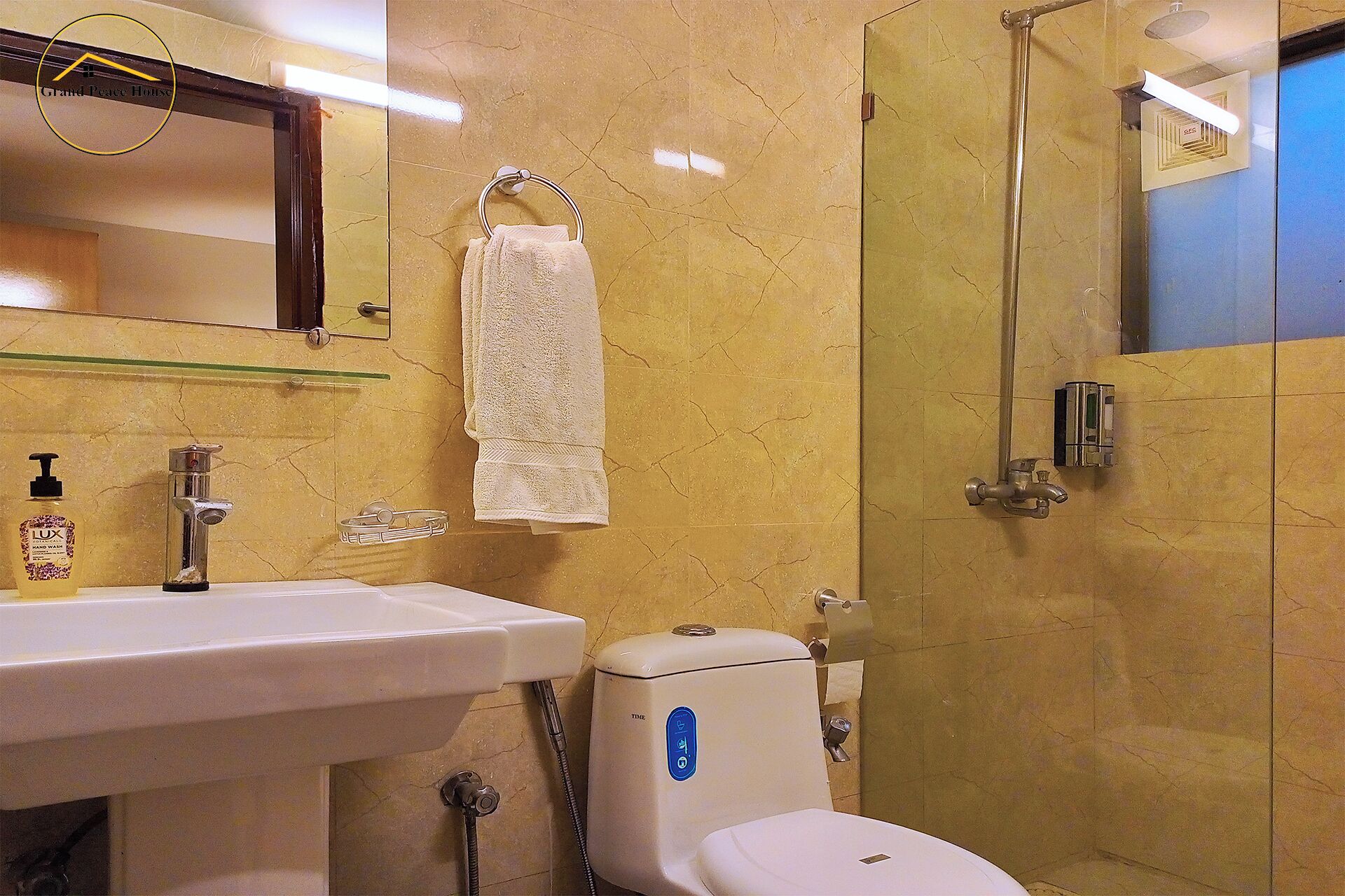 Une salle de bain avec un lavabo, des toilettes et une douche.