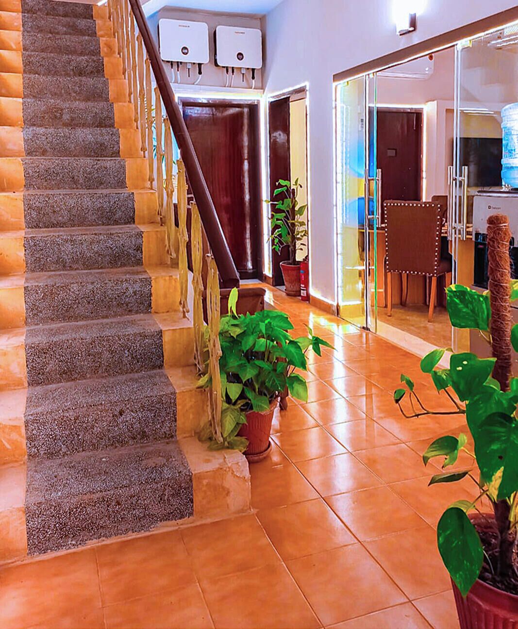 A staircase leading to a room with a large window, a potted plant, and a water dispenser on the wall.