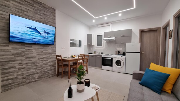 Een moderne keuken met een ingebouwde oven, magnetron en wasmachine.