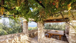 A stone patio with a wooden table and benches, surrounded by lush grapevines and a stone wall. - Stone Farmhouse in Groves - Sea & Mountain Views (Achladochori)