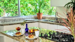 Une cuisine dotée d’un plan de travail en granit, d’une cuisinière à gaz et d’une fenêtre donnant sur un jardin.