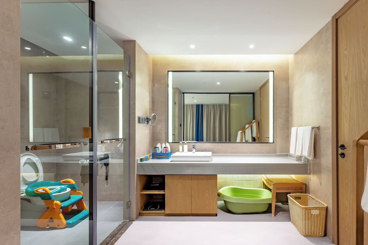 Shower, rainfall showerhead, hair dryer, bathrobes
