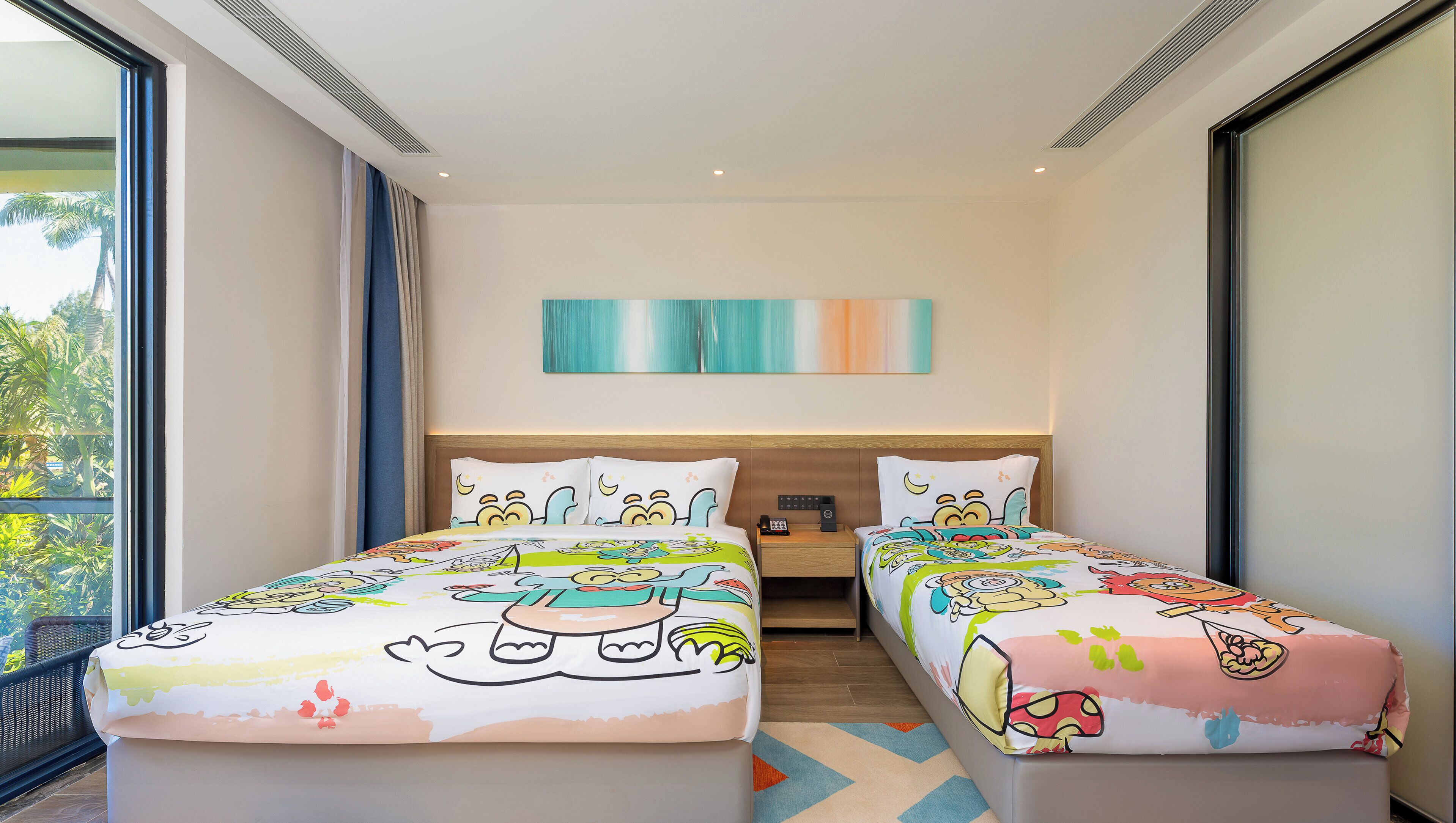 A hotel room with two beds, a large window, a painting on the wall, and a nightstand with a phone.