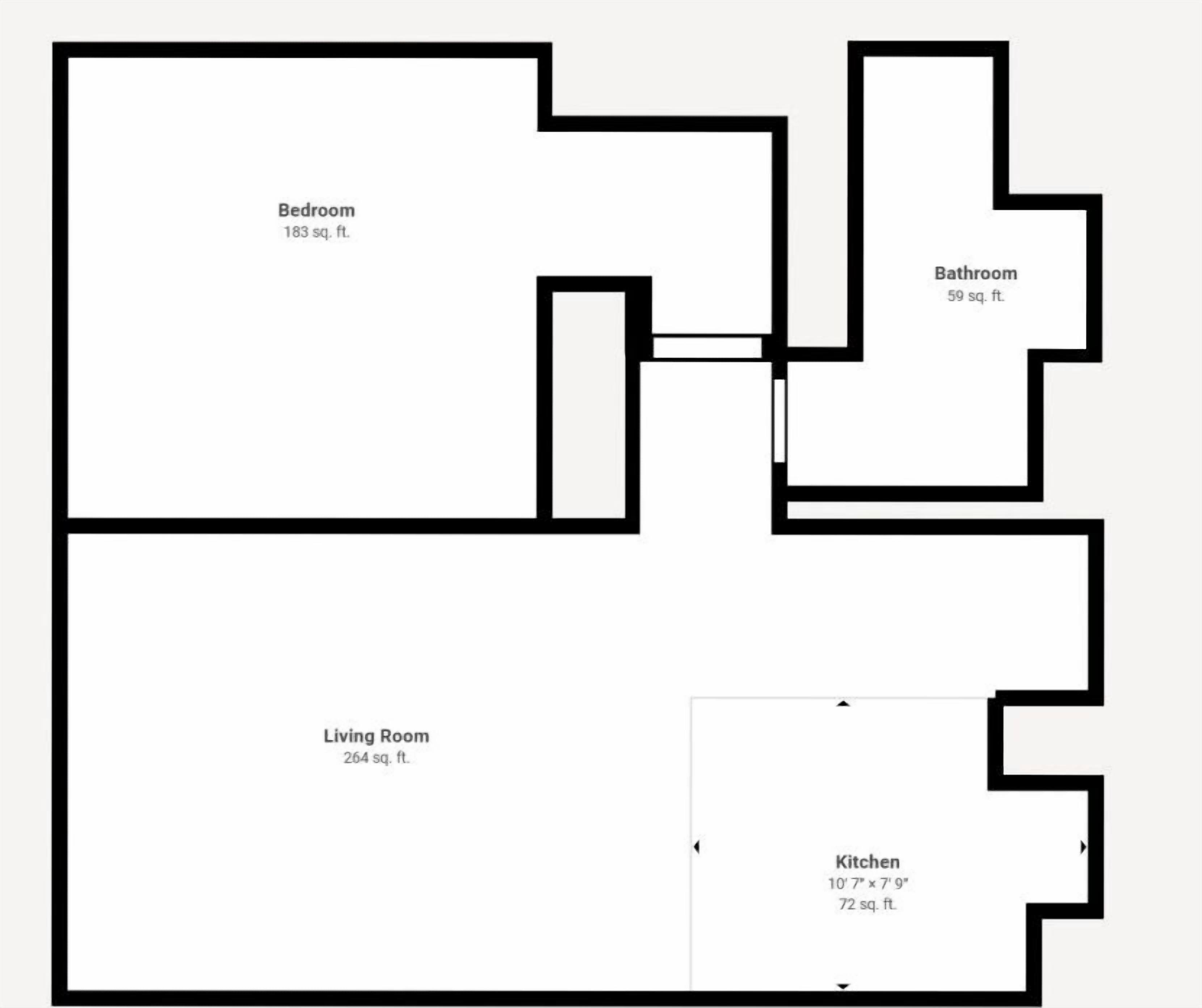 Plano de planta que muestra un dormitorio (17 metros cuadrados), baño (5 metros cuadrados), sala de estar (24 metros cuadrados) y cocina (7 metros cuadrados).