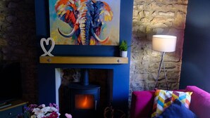 A cozy living room with a fireplace, a colorful elephant painting, a stone wall, a pink sofa, and a lamp. - Wave Cottage Bristol (Bristol)