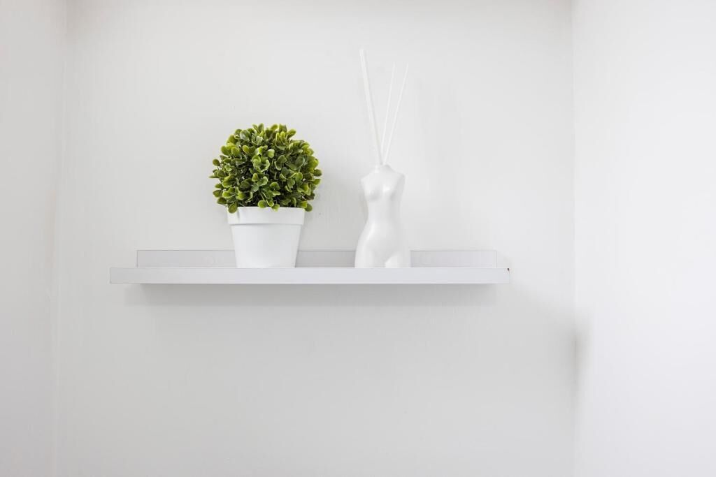 A white shelf with a potted plant and a white vase with reed sticks.