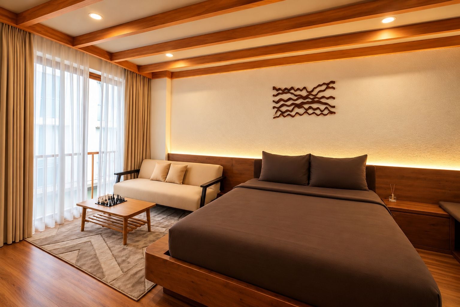 Een moderne hotelkamer met een groot bed, een bank, een klein tafeltje met schaakstukken en een decoratief wandobject.