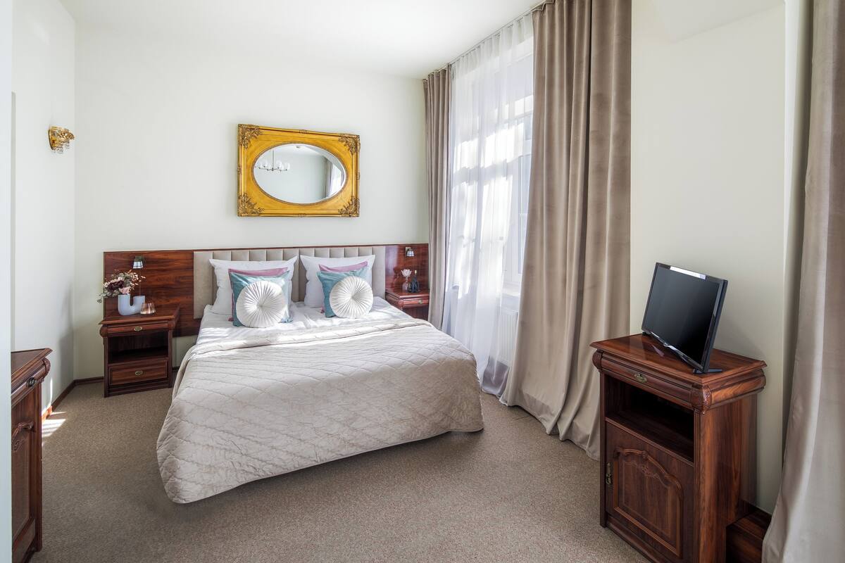 A hotel room with a large bed, a wooden nightstand, a TV on a wooden stand, and a mirror on the wall.