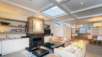 Smart TV, fireplace, books