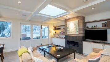 Smart TV, fireplace, books