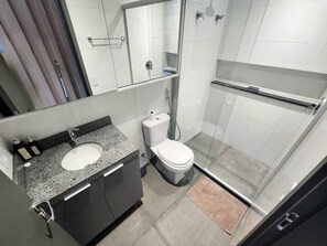 Hair dryer, towels, soap, toilet paper