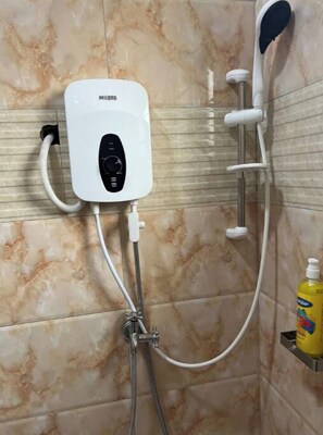 Hair dryer, towels, soap, toilet paper
