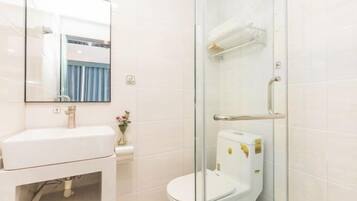 A modern bathroom with a glass shower enclosure, a white toilet, and a sink with a mirror above it.