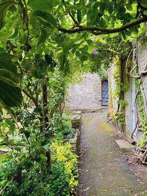 A narrow stone pathway flanked by lush greenery and a stone wall with a blue door. - Luxury Tiny House - Central Frome (Conigre)