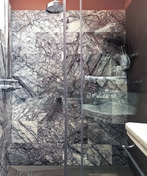 Shower, hair dryer, towels, shampoo