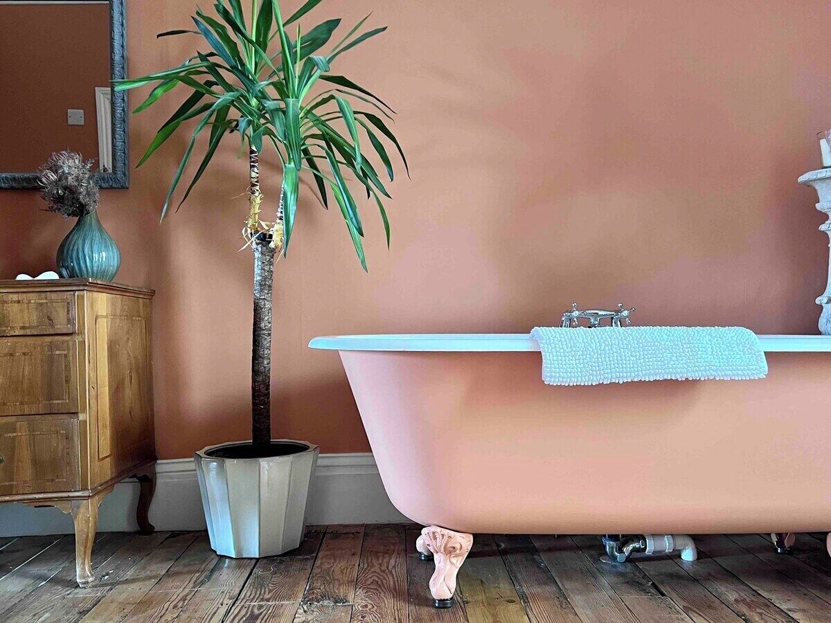 A bathroom with a pink bathtub, a potted plant, and a wooden cabinet.