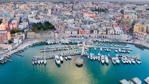 An aerial view of a marina with numerous boats docked, surrounded by a densely packed urban area with colorful buildings. - Palazzo Biscilia in Bisceglie (Bisceglie)