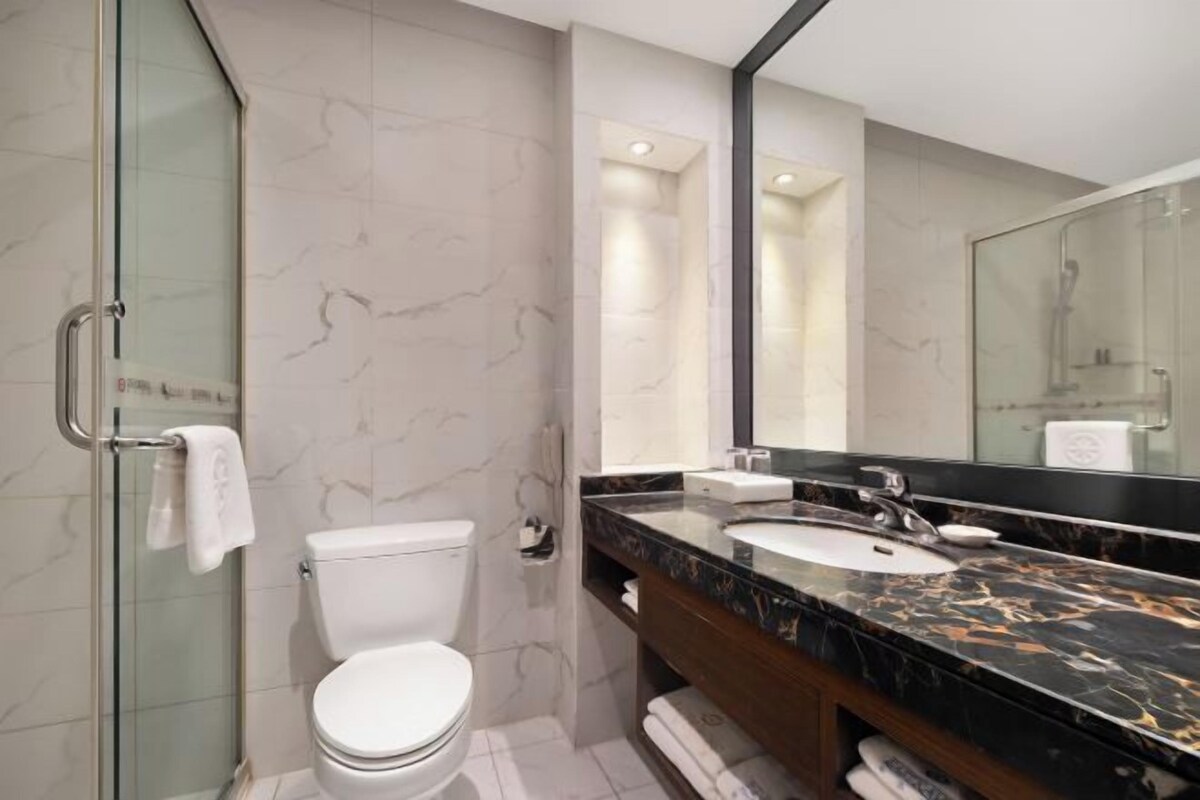 A modern bathroom with a glass shower enclosure, a white toilet, a marble sink, and a large mirror.
