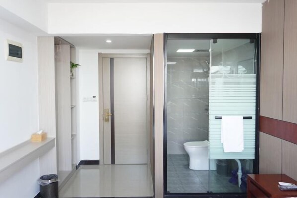 Une salle de bain moderne avec une douche à parois de verre, des toilettes et un lavabo.