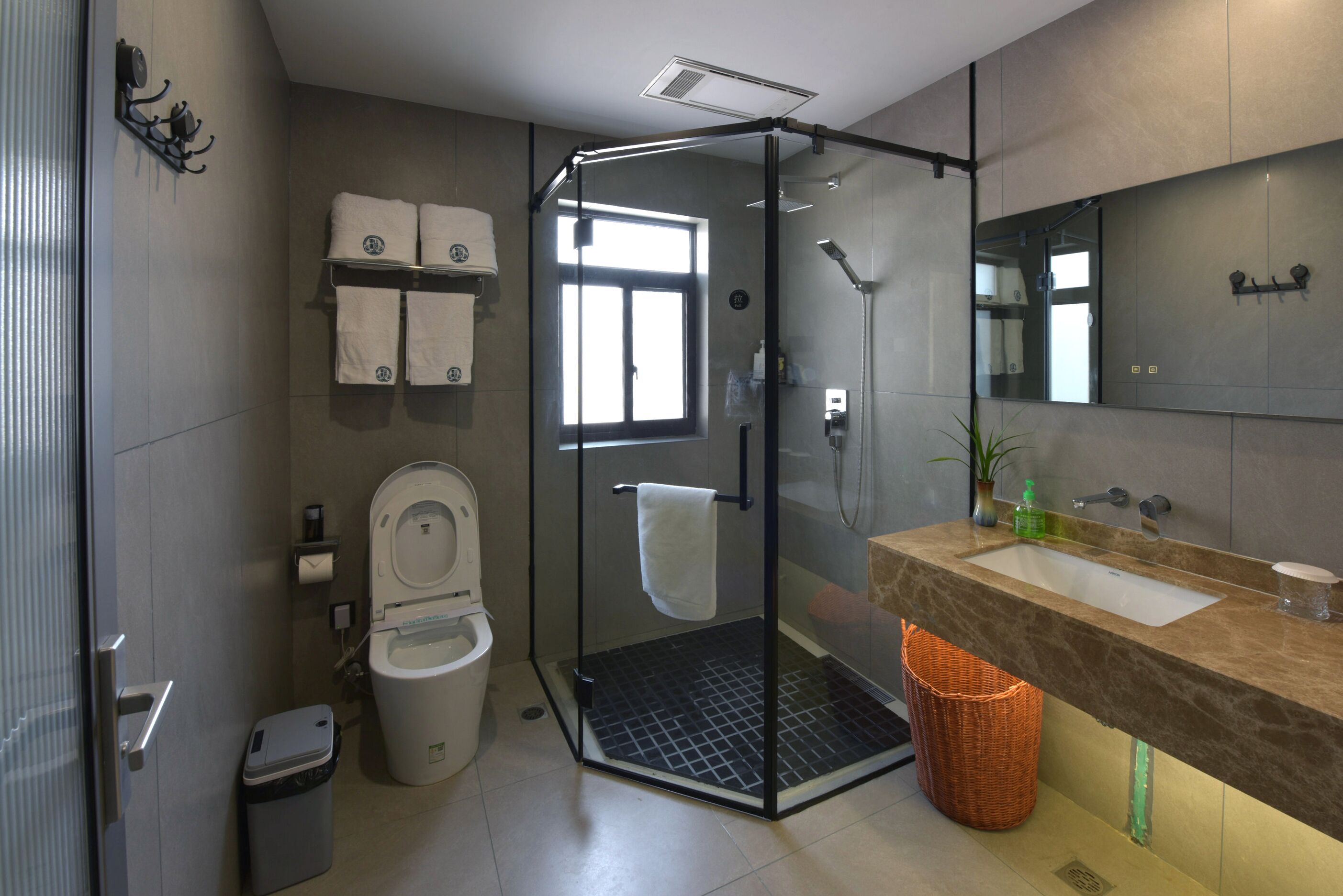 A modern bathroom with a glass-enclosed shower, a toilet, a sink, and a mirror.