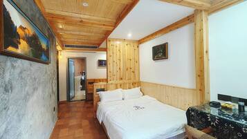 Premium bedding, desk, laptop workspace, soundproofing