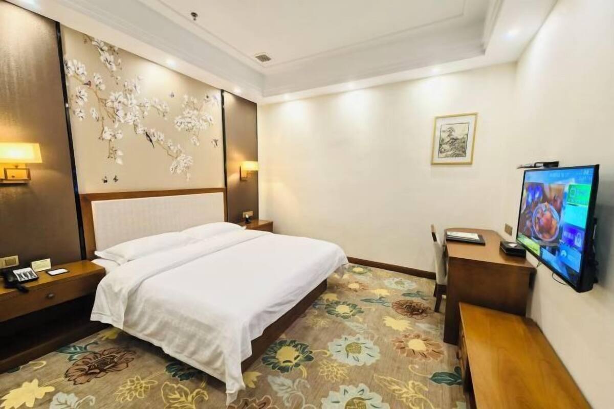 Habitació d'hotel amb un llit, una taula de treball, televisió i una catifes amb motius florals.