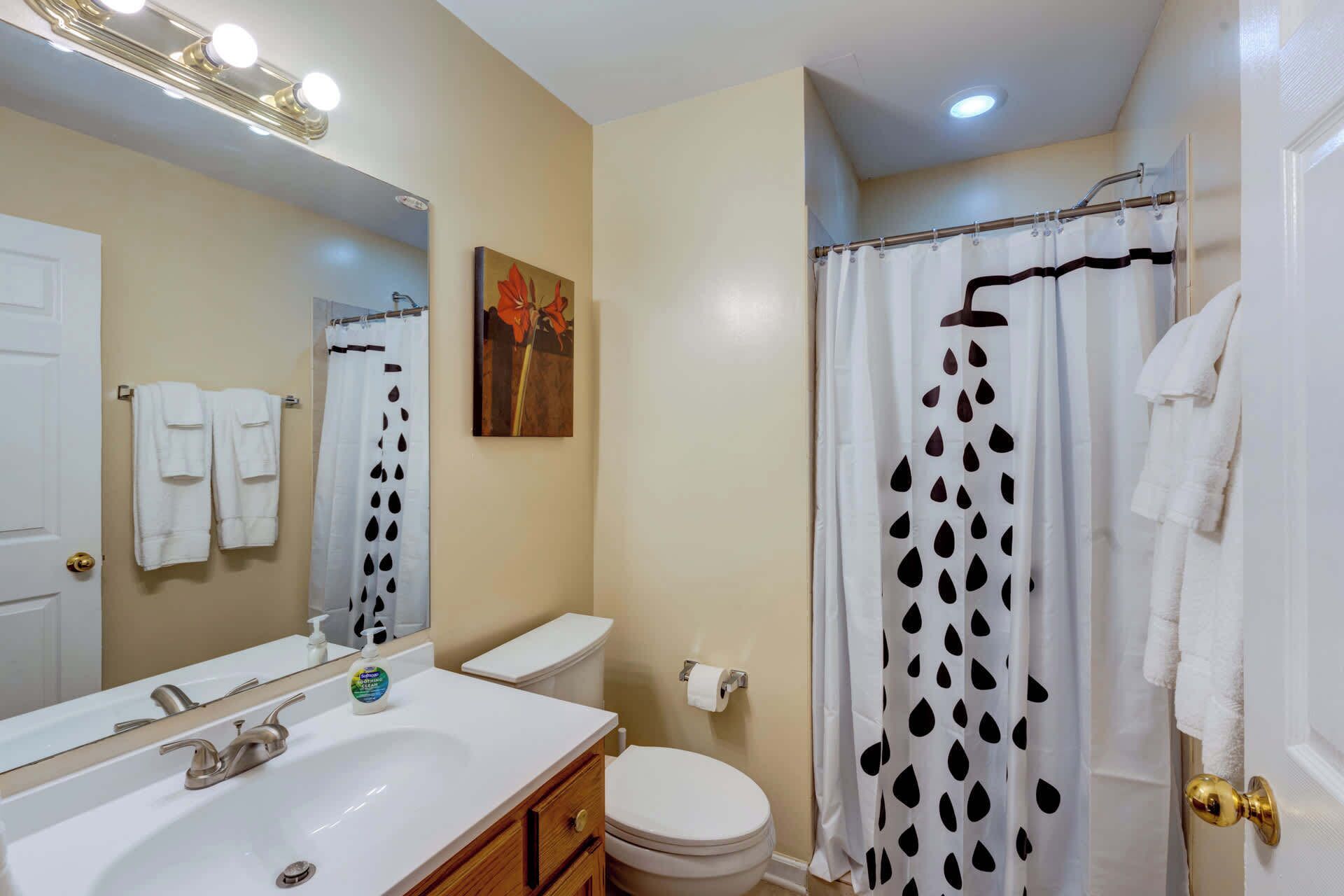 A bathroom with a white sink, a toilet, a shower curtain with a leaf pattern, and a painting on the wall.