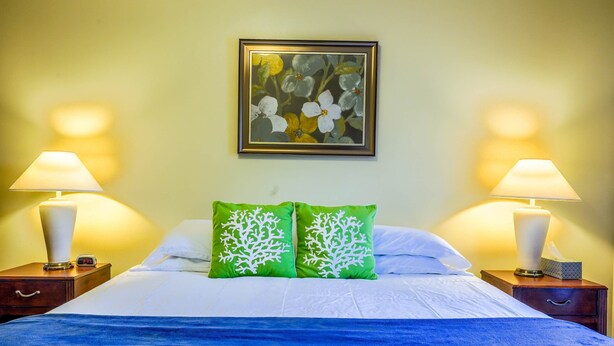 Ein Hotelzimmer mit einem Bett, zwei Nachttischen, zwei Lampen, einem Bild an der Wand und grünen Kissen.
