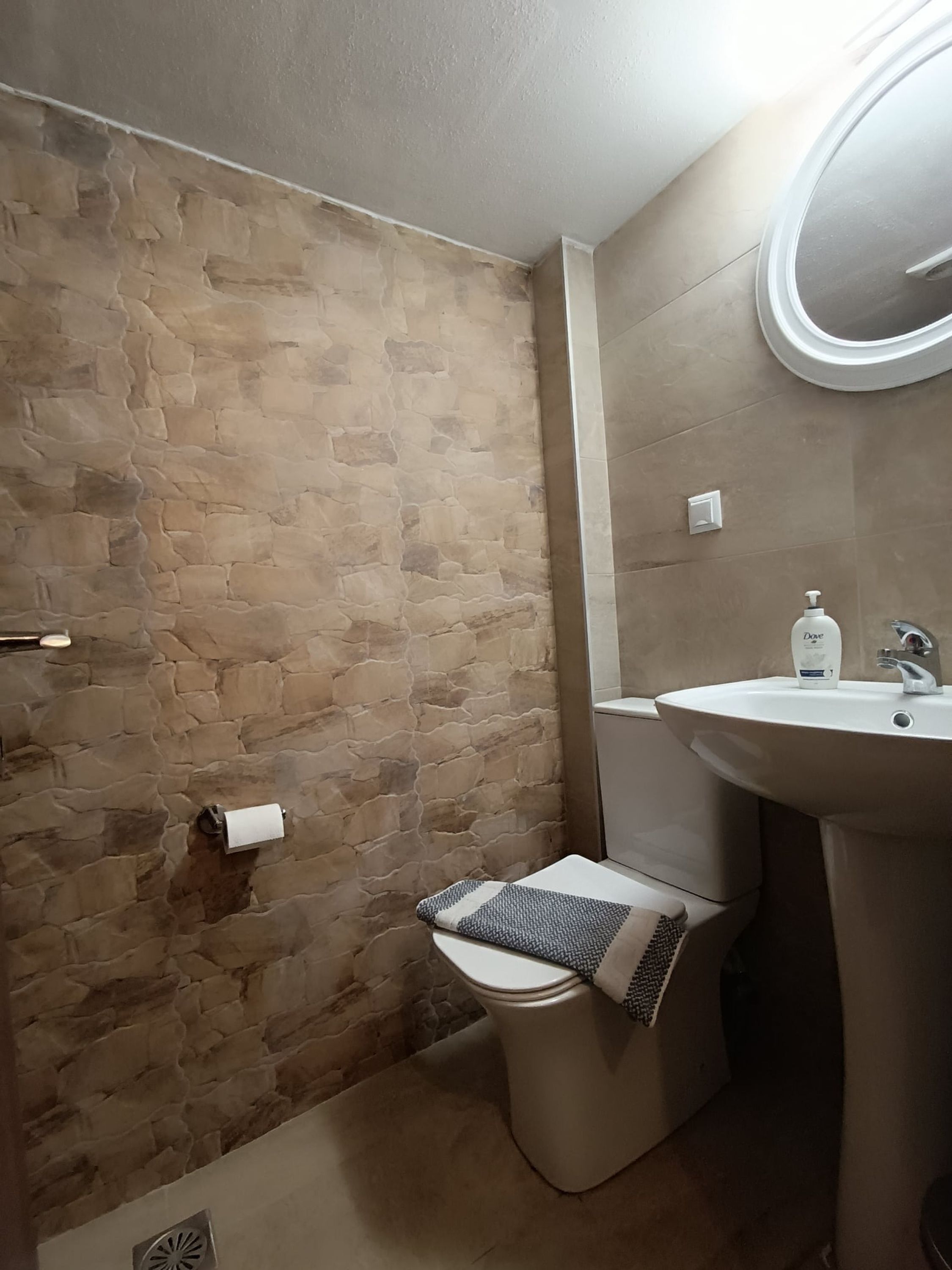 Une salle de bain avec un mur en pierre, des toilettes, un lavabo avec un miroir et un savon Dove.