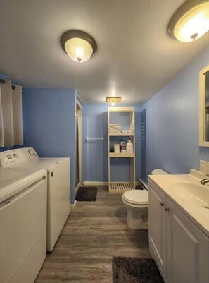 ヘアドライヤー、タオル、石鹸、トイレットペーパー