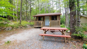 Un chalet rustique doté d’une véranda et d’une table de pique-nique, situé dans un cadre forestier.