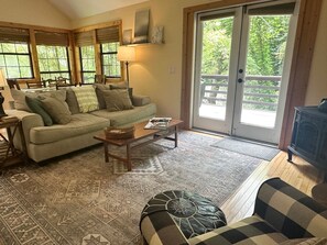 Smart TV, fireplace, DVD player, books