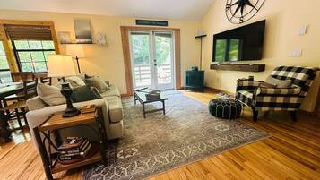 Smart TV, fireplace, DVD player, books