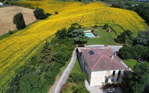 Un grand bâtiment doté d’un toit en tuiles, entouré d’un jardin et d’un champ de fleurs jaunes.